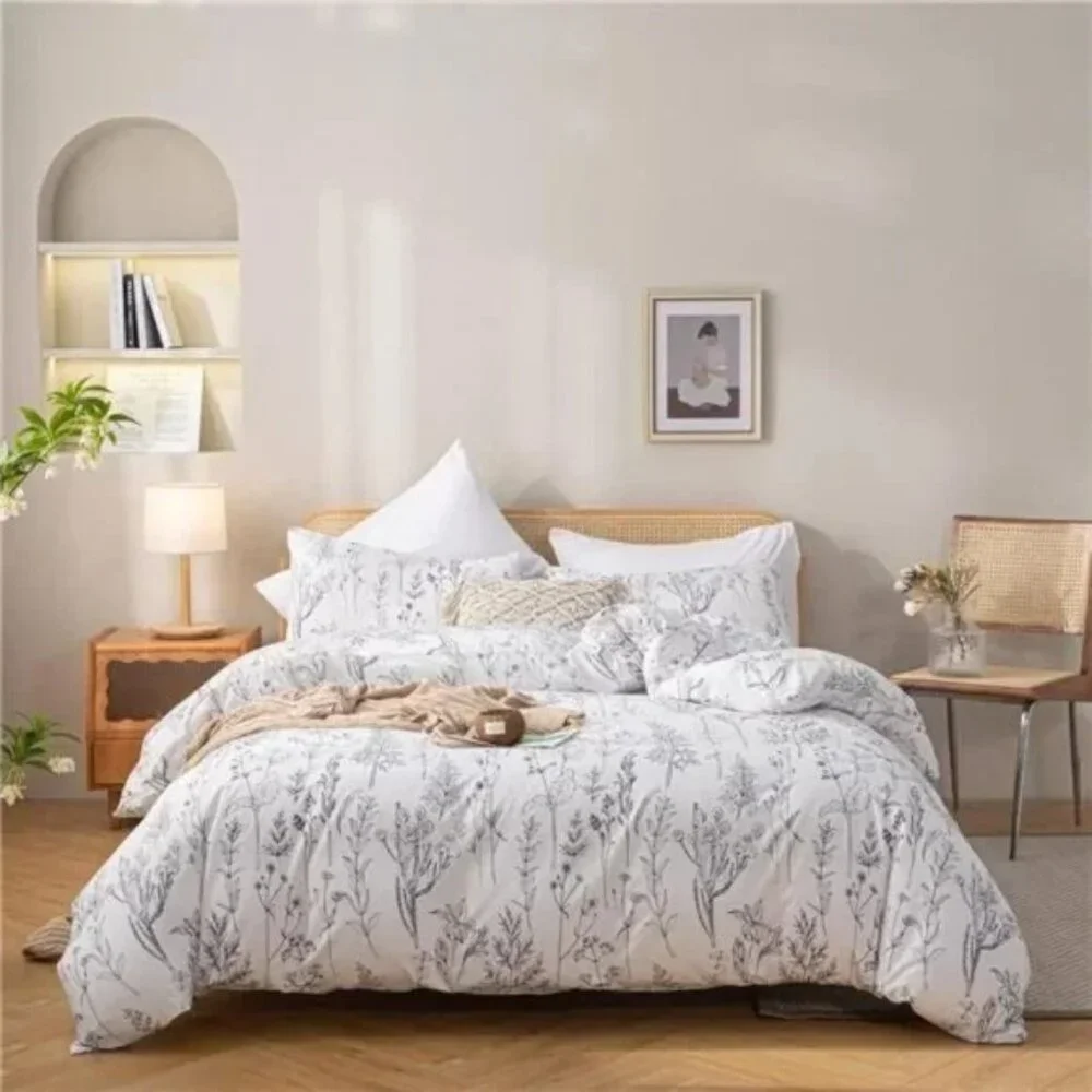 3pcs White Comforter Set,Soft Microfiber Bedding Plant Flowers Printed Comforter
